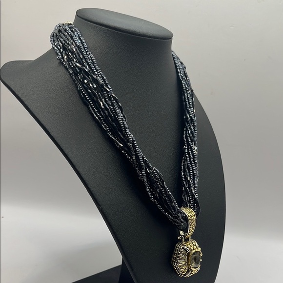 Elegant Black Beaded  Necklace with Gold and Silver tone Pendant  with Quartz - Picture 4 of 14